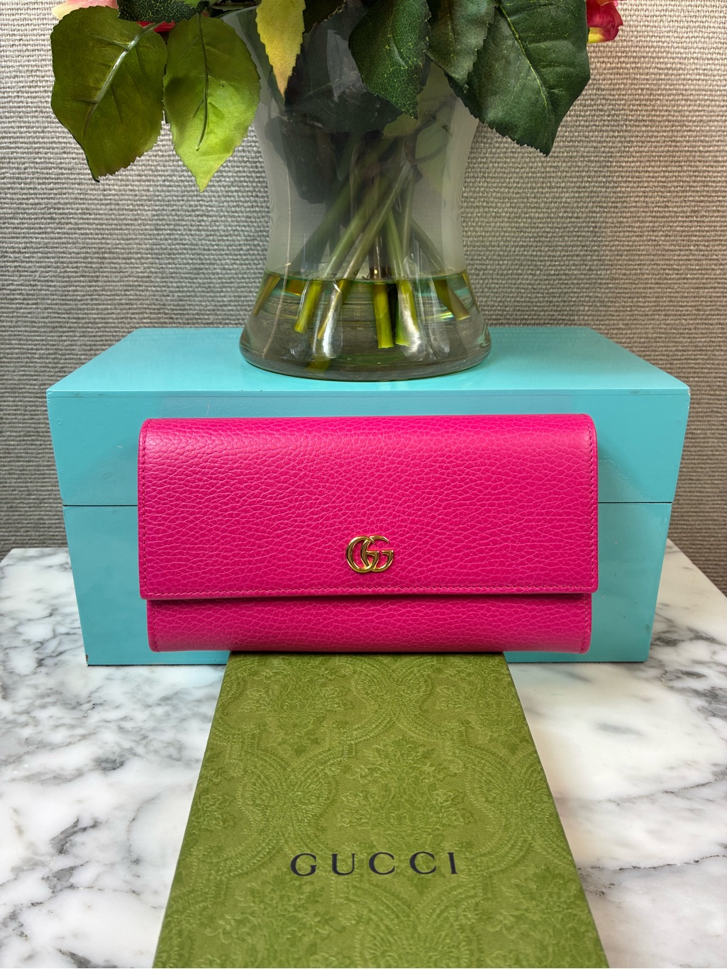 Gucci Hot Pink Gg Marmont Leather Flap Wallet - Nwot Authentic